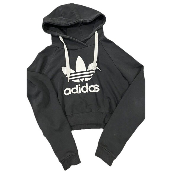 ADIDAS Originals Womens Sz L Black White Logo Cropped Hoodie Sweatshirt Pullover - Picture 2 of 11